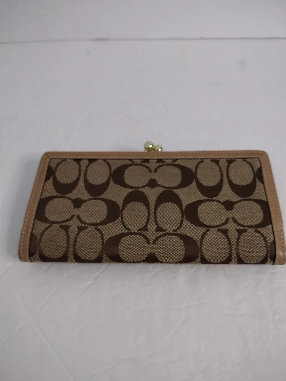 Coach Vintage Signature Kisslock  Wallet Khaki Canvas Brown Leather Leatherware